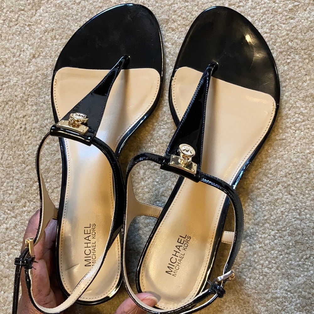 Michael Kors black patent leather wedge sandal, size 9.
